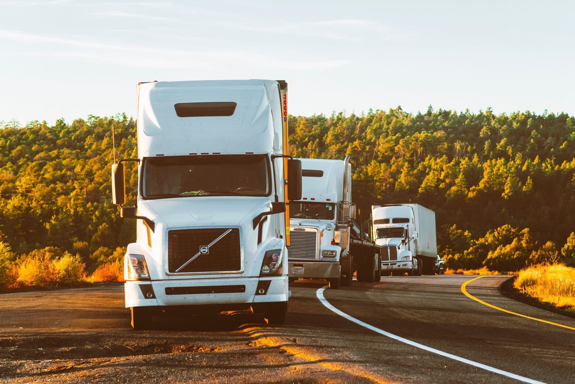 Three white unbranded tractor-trailers pulled over on a highway shoulder